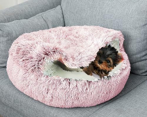 Dog Cave Bed for Small Dogs Cats Pets, Anti Anxiety Calming Plush Dog Beds, Fluffy Covered Hooded Cozy Burrow Puppy Beds, Anti-Slip Bottom Washable Pet Sleeping Bag (20" D, Pink)