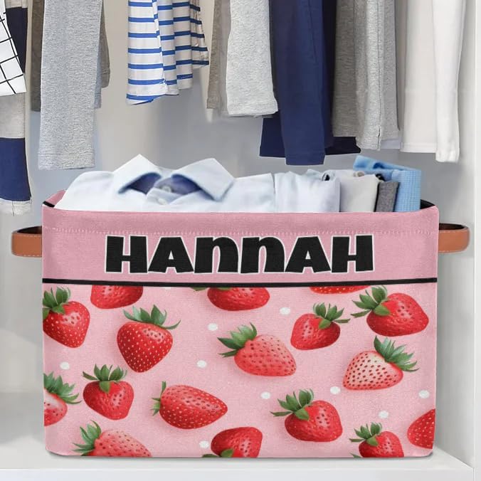 Custom Name Storage Bin, Personalized Rectangular Storage Basket with Handles for Organizing Girls Toys Office Closet Shelf Baskets Fruit Strawberry Pink Background