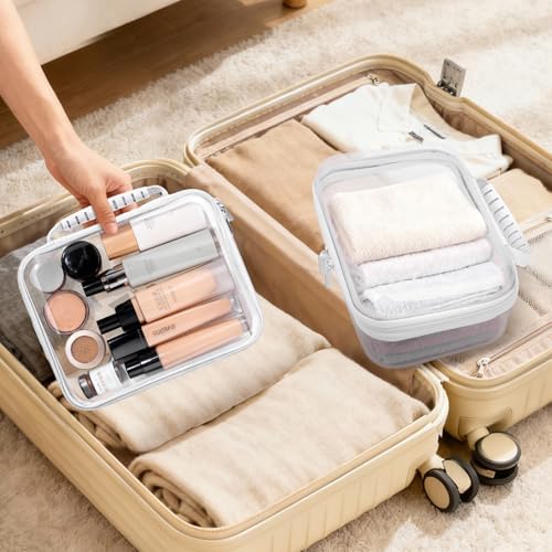 3 PCS Clear Zipper Pouches with Handle, Diaper Bag Organizer, Clear Makeup Bags Hardshell Toy Storage Bins with Zipper Toiletry Pouch Bag for Cosmetics Pencils Puzzles, Building Blocks(White)