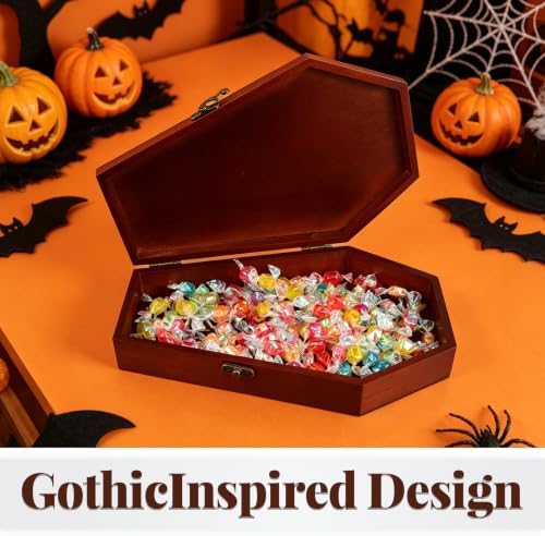 Halloween Coffin Shaped Wood Keepsake Box with Hinged Lid, Multifunctional Candy and Necklace Storage Container for Holiday and Heartfelt Commemorations, Gothic Inspired Brown