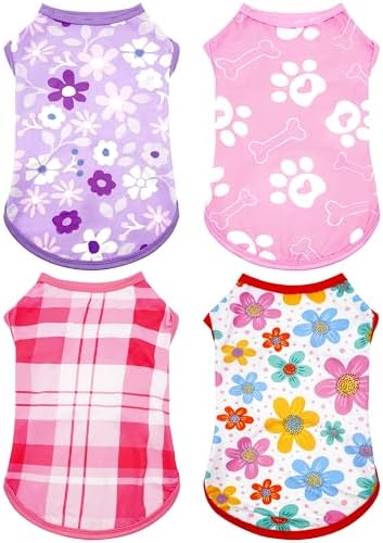 PET SHOW 4 Pack Summer Dog Shirts for Small Doggies Girl UPF 50+ UV Sun Protection Cooling Clothes Tank Top Floral Puppy Cats T-Shirts Pet Holiday Party Sleeveless Vest Pink(Small)