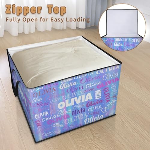 Personalized Name Large Storage Basket with Lid, Canvas Storage Bins Quilt Clothes Organizer for Bedroom, Kitchen, Bathroom, Nursery, Shelves, Closets, Gradient Blue Stripes with Stars