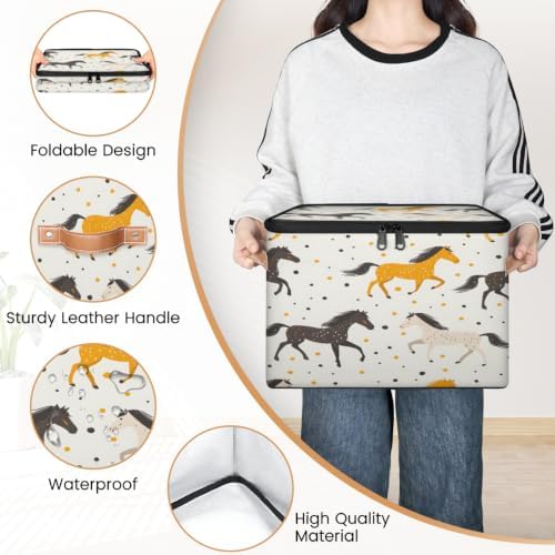 Horses Theme Storage Box with Zipper Lid | Collapsible, Fabric, Storage Bin, Handle, Large, Closet Organizer, Containers, Bedroom, Home, Horses