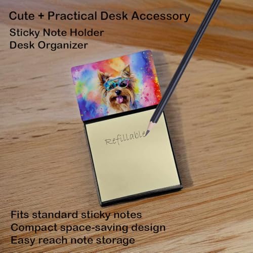 Caroline's Treasures Yorkshire Terrier Hippie Dawg Sticky Note Holder Refillable Dispenser Self-Sticky Note Pads, Memo Pads Blank Desk Accessories