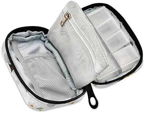 Vintage Daisy Bee Pill Box 7 Day Pill Case Travel Pill Organizer Bag with Zipper Portable Weekly Case Compact Size for Vitamin Supplement Holder