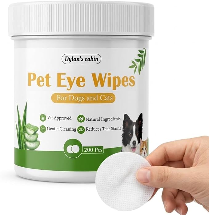 Dylan's cabin Eye Wipes for Dogs - 200 Count Soft Round Cat Eye Cleaning Pads, Alcohol Free pH Balanced Daily Tear Stain Wipes Remove Discharge and Crust