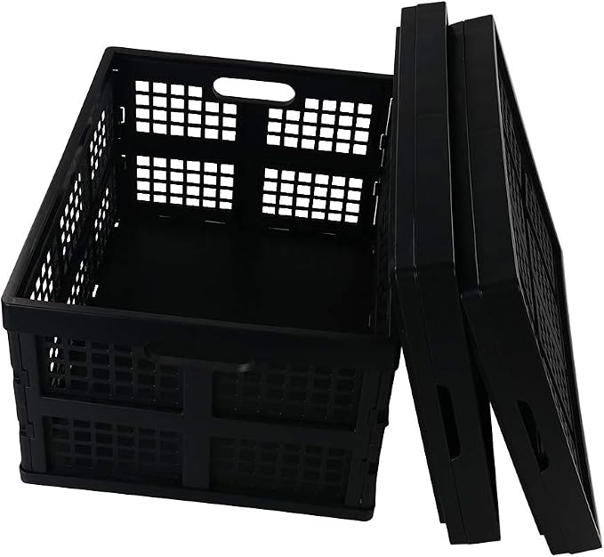 Morcte 34 L Plastic Rectangular Collapsible Crates, Pack for 3, Black | Folding Crates Storage, Space Saving, Stackable, Sturdy Build, Ideal For Groceries, Tools & Household Items