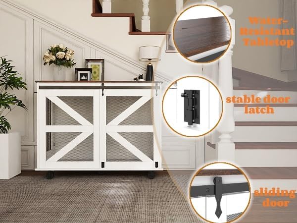 47.2'' Mobile Dog Crate with Flip-Top Feeder & Dual Doors, Multi-Purpose Pet Kennel with 5-Wheel Caster System,Locks & Side Hooks, Brown White, Brown White