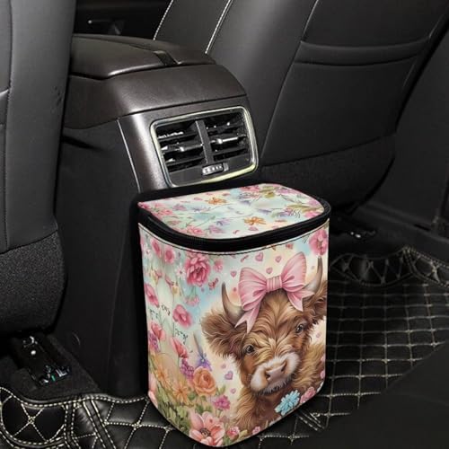 DISNIMO FlowerHighland Cow Car Trash Can with Lid Collapsible Reusable Car Garage Bag Trash Bin, Automotive Garbage Can,Car Accessories Interior Car Organizer, Pink