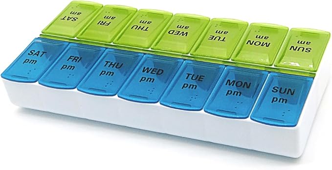 Weekly Pill Organizer Dispenser Case, 2 Times a Day, One-Side Open | 7 Day Medicine Planner Box for Easy Filling, AM PM Pill Case for Vitamins, Medication, Supplements, Fish Oils, Blue + Green