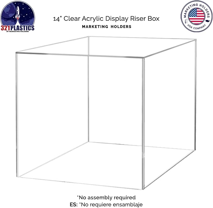 Marketing Holders 14 Inch Acrylic Display Riser Box with One Open Side No Lid Hollow Versatile One Piece Clear Square Retail Merchandise Storage Bin or Product Platform