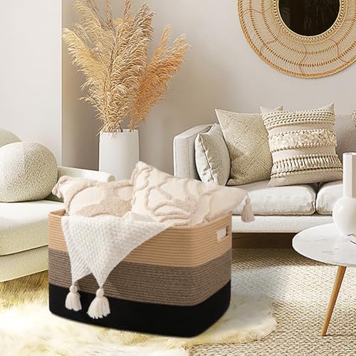 OIAHOMY 118L Extra Large Blanket Basket Cotton Rope Storage Basket Black | 25" x 17" x 16", Rectangular Baskets Living Room,Used for storing Dirty Clothes, Stuffed Animal Toy Storage for Nursery Brown