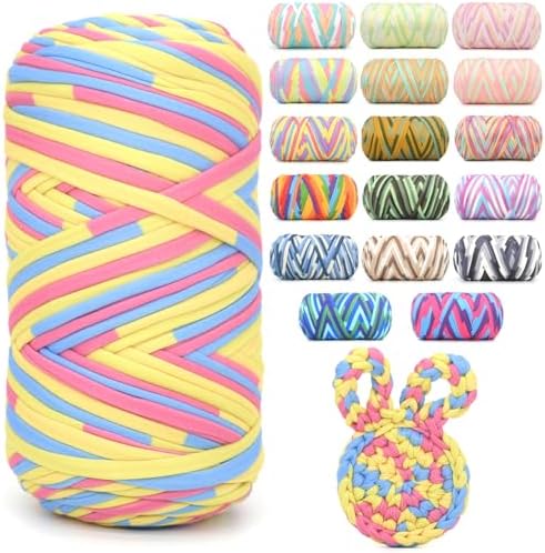 400g Tshirt Yarn for Crochet,Rainbow T Shirt Soft Elastic Fabric Chunky Thick T-Shirt Crochet Yarn for Crocheting Knitting Beginner Hand Knitting for Bag/DIY Craft/Home Decor-Pink Yellow Blue