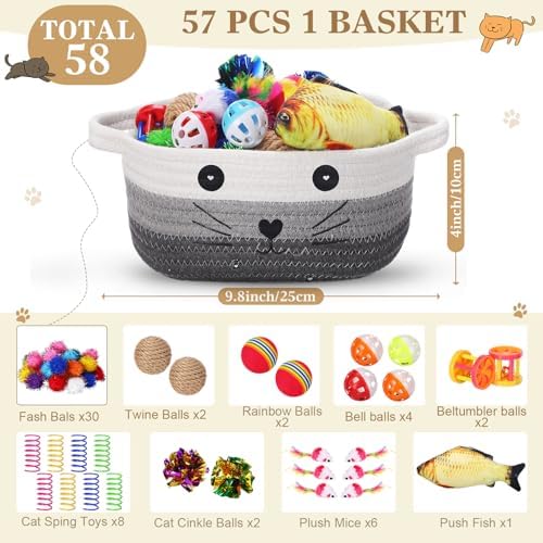 Zopeal 58 Pcs Summer Cat Storage Basket Gift Toys Set, Colorful Flashing Balls Pet Bell Crinkle Balls Spring Toys Attract Cat to Swat, Hunt, Interactive for Pet(Multicolor,9.8 Inch)