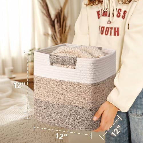 12 Inch Storage Cubes, 3 Pack Cube Storage Bins for Organizing, Cotton Rope Woven Baskets for Shelves, Bathroom, Kids Room, Closets, Baby Nursery