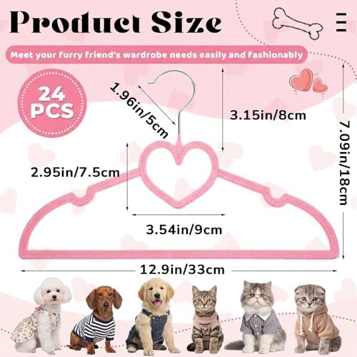 24 Pcs Pet Hangers 13'' Non-Slip Velvet Metal Hooks,Pink | 360° Swivel Rustproof Hooks, Space-saving for Dogs Cats, Home Closets and Grooming Salons, Small Pet Organizer