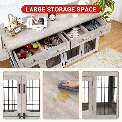 Large Dog Crate Furniture 58" with 2 Drawers & Divider | Heavy-Duty Wood Frame; Detachable Divider; Fits Two Dogs; Sturdy & Chew-Resistant; Easy Assembly; For Living Room Or Bedroom