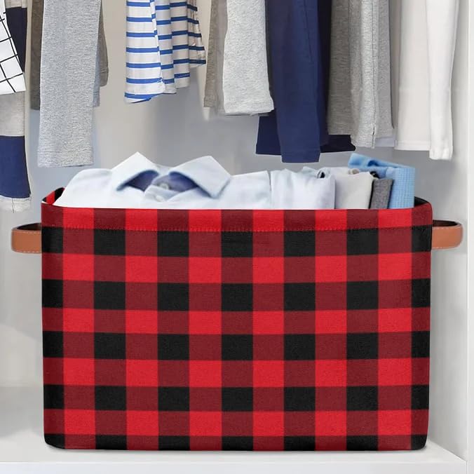 Buffalo Plaid Storage Bins Christmas Theme Storage Nursery Baskets with Handle Collapsible Closet Organizer Waterproof Shelf Boxes for Books Cloth 15x11x9.5 IN