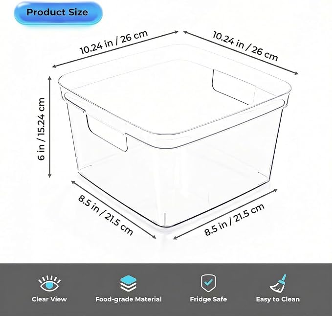 MOONEDGE 4-Pack 10x10x6 Clear Plastic Cube Storage Bins with Handles | Acrylic hard square organizer containers for closet,pantry,fridge,kitchen,bathroom,laundry,under-sink,cabinet organization