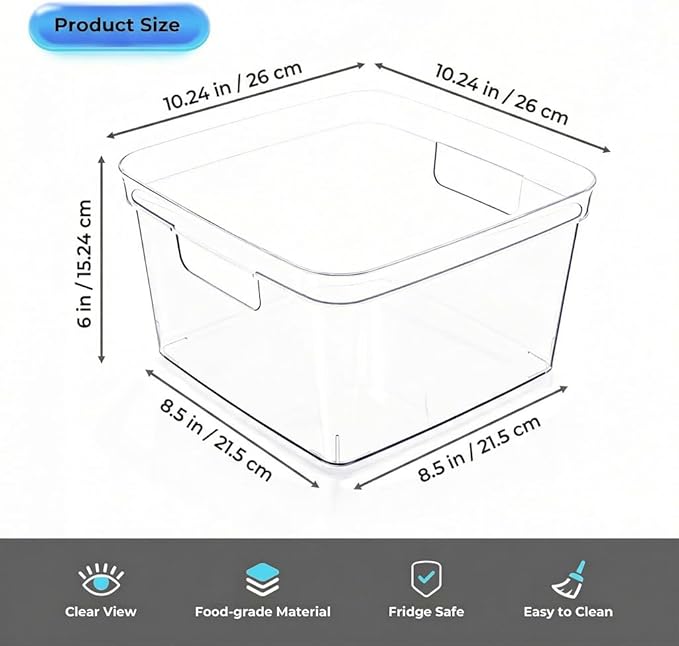 MOONEDGE 6-Pack 10x10x6 Clear Plastic Cube Storage Bins with Handles | Open-Top durable square organizer boxes for closet,pantry,kitchen,fridge,playroom,bathroom,under-sink,vanity organization