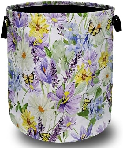 Purple Flower Butterfly Laundry Basket Oxford Cloth Hamper 18.9"x16.5"