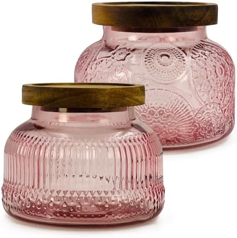 Decorative Pink Glass Jars with Airtight Wooden Lids 2 pack, 25.4 fl. oz | Wide mouth vintage storage canister, kitchen pantry bathroom organization, coffee sugar tea cookie candy candle vase gift
