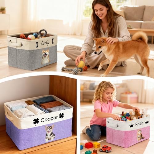 Personalized Dog Toy Basket with Name Photo Custom Cat Storage Organizer Box Collapsible Pet Chest Bins Customized for Toys Clothing-Grey