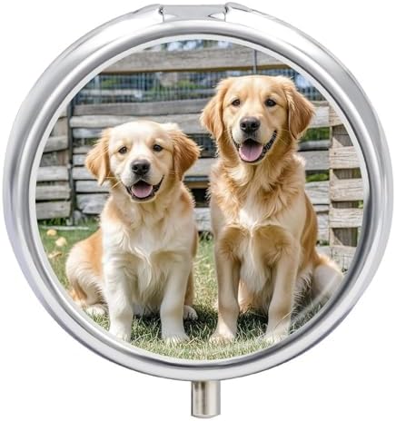 Round Small Pill Case 3 Compartment Metal Portable Travel Pillbox for Purse | Moisture Proof, Easy to Open, Fits Wallets & Pockets, Retriever Dogs Puppies Pets Pill Organizer for Vitamins Fish Oil