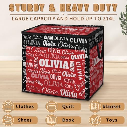 Personalized Extra Large Storage Basket with Lid, Comforters, Bedding Toys Black Red Color Storage Bin with Handles for Home, Collapsible Basket for Clothes, Moving, Car Trunk