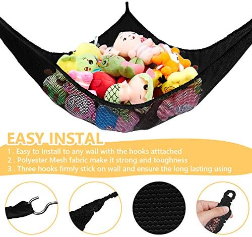 Stuffed Animal Net or Hammock, Stuffed Animal Net, Jumbo Toy Net Hammock for Stuffed Animals Wall Sling Corner Extra Large Kids Children Mesh Toy Net Organizer (Black 2 Pack, 70 inch)