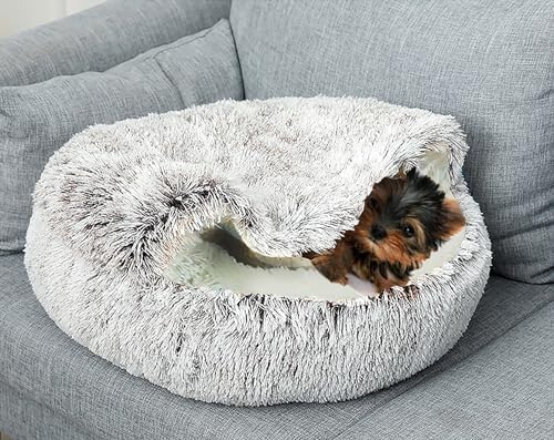 Dog Cave Bed for Small Dogs Cats Pets, Anti Anxiety Calming Plush Dog Beds, Fluffy Covered Hooded Cozy Burrow Puppy Beds, Anti-Slip Bottom Washable Pet Sleeping Bag (20" D, Coffee)
