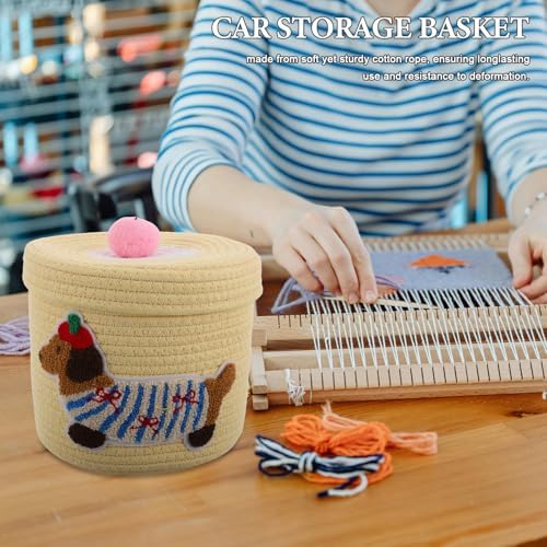 Car Storage Basket Woven Cotton Rope with Dustproof Lid Cute Dog Shaped Organizer Basket Large Capacity Pet and Sundries Storage for Car Interior