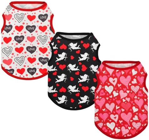3-Pack Valentine's Day Dog Shirt Love Heart Dog Shirts Valentines Day Dog Sleeveless Clothes Outfit Pet Valentines Tank Tops Vests with Heart Cupid's Arrow Patterns for Small Medium Dogs M