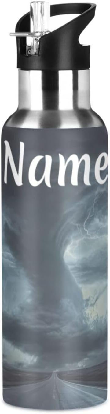 Custom Name Tornado Print Water Bottle with Straw Lid Kids Insulated Stainless Steel Water Flask Sports, 20 Oz Hot Cold