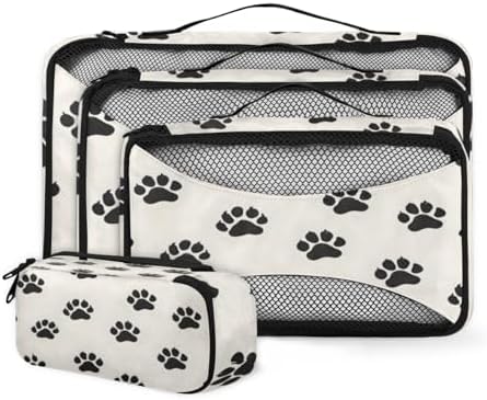 Dog Paws 4 Set Packing Cubes Luggage Organizer Bags for Travel Accessories and Essentials, Cute Footprints