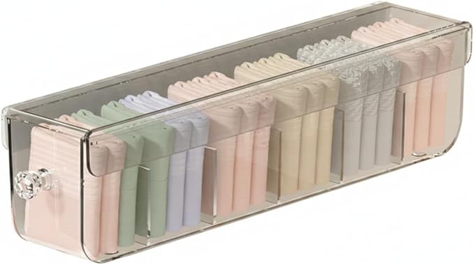 Clear PET Plastic Drawer Organizer for Socks & Accessories, Transparent Storage Box with Compartments, 14.6 x 3.0 x 3.6 Inches