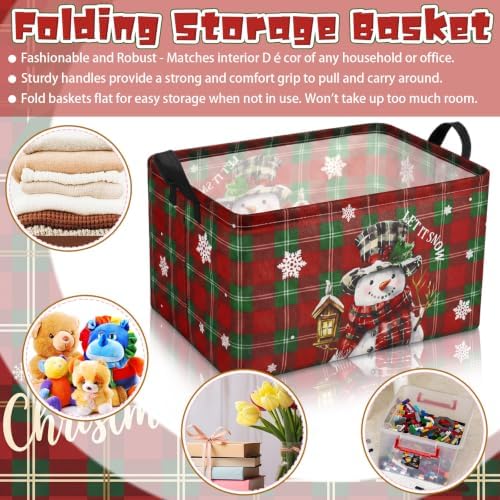 Chunful 4 Pcs 4 Pack Christmas Storage Baskets for Gifts Collapsible Red and Green Tartan Plaid Christmas Let It Snow Laundry Storage Bins Foldable Box with Handles for Home Bedroom Office Containers