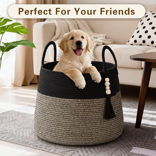 Large Nursery Hamper, 60L Blanket Basket with Handle, Baby Laundry Basket for Gift, Toy, Clothes, Woven Storage Basket with Wooden Bead Decor, Baby Hamper for Nursery (Black&Brown)