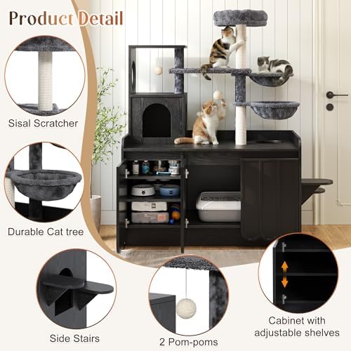 50.6 Inch Cat Tree with Litter Box Enclosure and Storage, Black | Hidden Litter Box Cabinet with Multi-Level Platforms, Dual Hammocks, Sisal Scratching Posts, Condo and Top Perch for Play