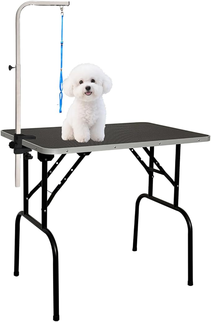 30-inch Foldable Dog Grooming Table - Heavy Duty Iron Pet Grooming Station with Adjustable Arm & Noose, Portable Non-Slip for Small Medium Dogs & Cats, Home & Salon Use - Black