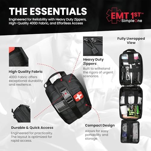 EMT 1st 250 Pcs Responder Emergency First Aid Kit with 30 Unique Items | Large First aid kit for car, Travel & Home with Mylar Blanket, Emergency Bag for Hiking, Camping, Backpacking and Outdoor