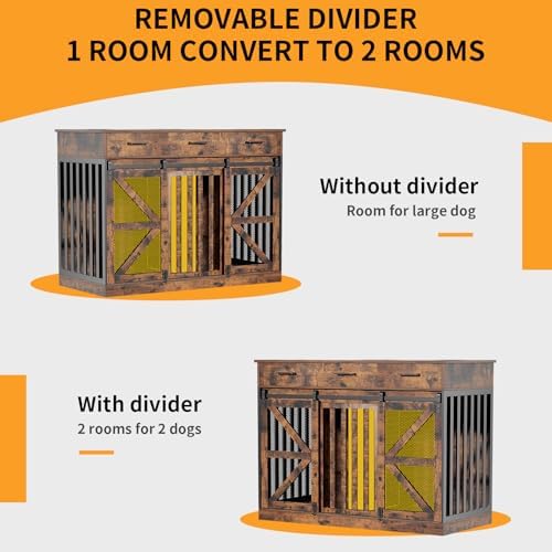 kepptory 48 Inch Large Dog Crate Furniture with 3 Storage Drawers, Wooden Pet Kennel with Removable Divider, Dog Kennel End Table TV Stand, Farmhouse Style Dog Crates with Sliding Barn Door (Brown)