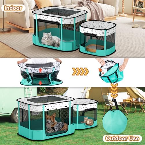 Portable Cat Playpen, 8-Rod Reinforced Kitten Dog Playpens, Foldable Play Pen for Indoor Cats Enclosed Pet Puppy Doggy Outdoor, Collapsible Tent Kennel Cage House(32"x24"x22")