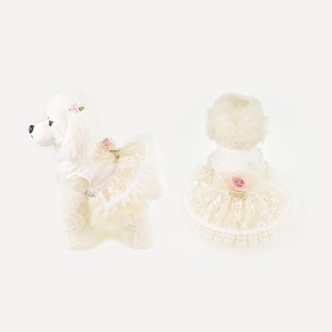 FLAdorepet Luxury Rose Lace Dog Dress with Leash Ring,Pet Bride Costume Clothes for Small Dogs Girls,Formal Dog Wedding Party Dresses Apparel (White, X-Small(Chest 11"|Weight 2-3Lbs))