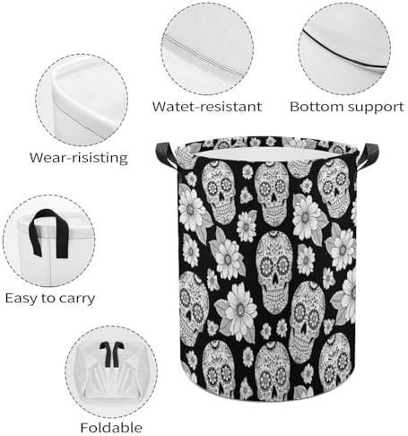 Waterproof Foldable Basket with Handles Floral Sugar Skulls Black, Large Capacity Laundry Hamper for Clothes, Toys, and Home Organization