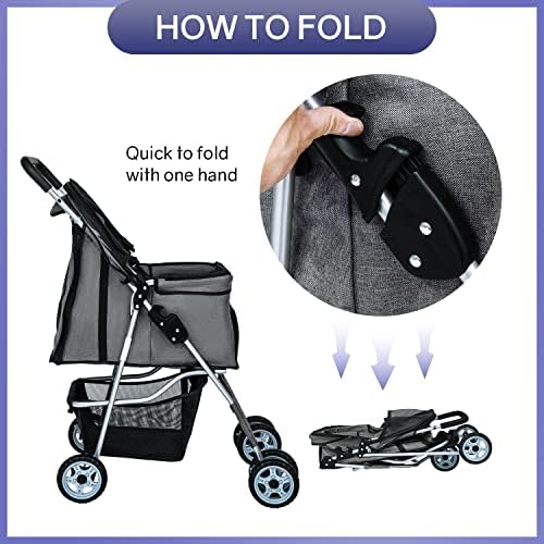 BestPet | 4-Wheel Foldable Pet Stroller | Grey | Lightweight & Portable | Travel Carrier with Mesh Windows, Storage Basket, Cup Holder, Safety Brakes, and Waterproof Fabric | For Small Dogs and Cats