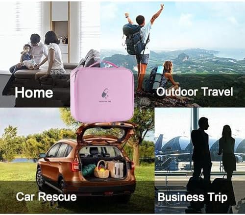 Large First Aid Bag Empty, Portable Travel Pill Bag Double Zipper First Aid Pouch with Handle for Family Outdoors Hiking Camping Car Office Workplace (Pink)