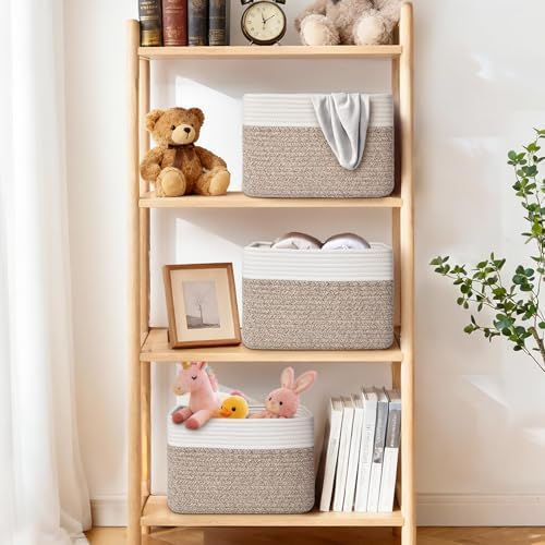Storage Baskets for Organizing, 4 Pack Baskets for Shelves, Decorative Storage Bins for Shelves, Cotton Rope Storage Basket with Handles, Woven Basket for Storage, 13''Lx8.7''Wx7.9''H, White & Brown