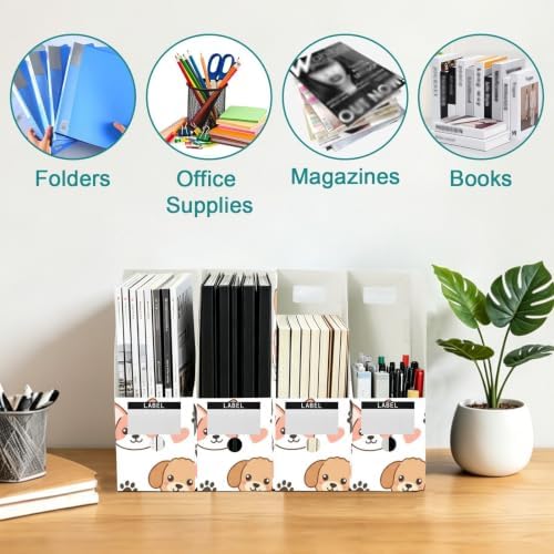 Emelivor Dogs Pets Puppies White Print Magazine Holder Set of 3 Desk File Organizer Water-resistant Vertical Folder Holder with Labels for Office Organization File Box for Classroom Library Home