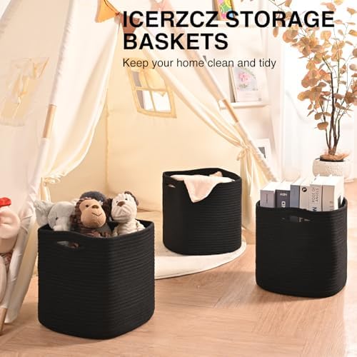 ICERZCZ 11 Inch Cube Storage Bins, Storage Cube Organizer Bins, Woven Cotton Rope Basket for Storage, Storage Baskets for Organizing Shelves, Square Baskets for Toys, Black (Pack of 3)